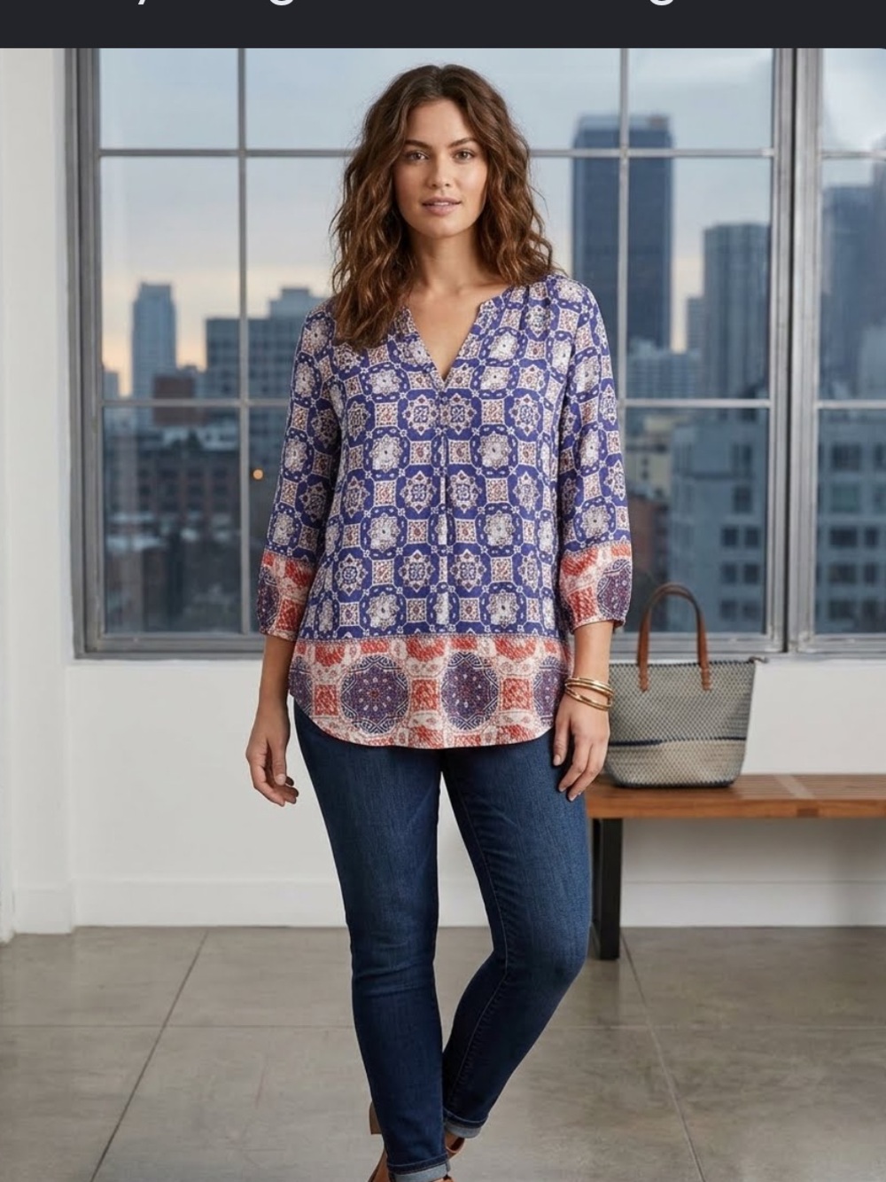 beachlunchlounge Blue & Coral Printed V-Neck Tunic